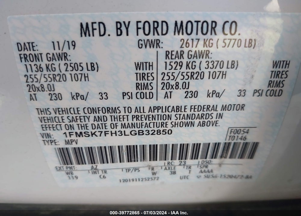 2020 FORD EXPLORER LIMITED VIN: 1FMSK7FH3LGB32850