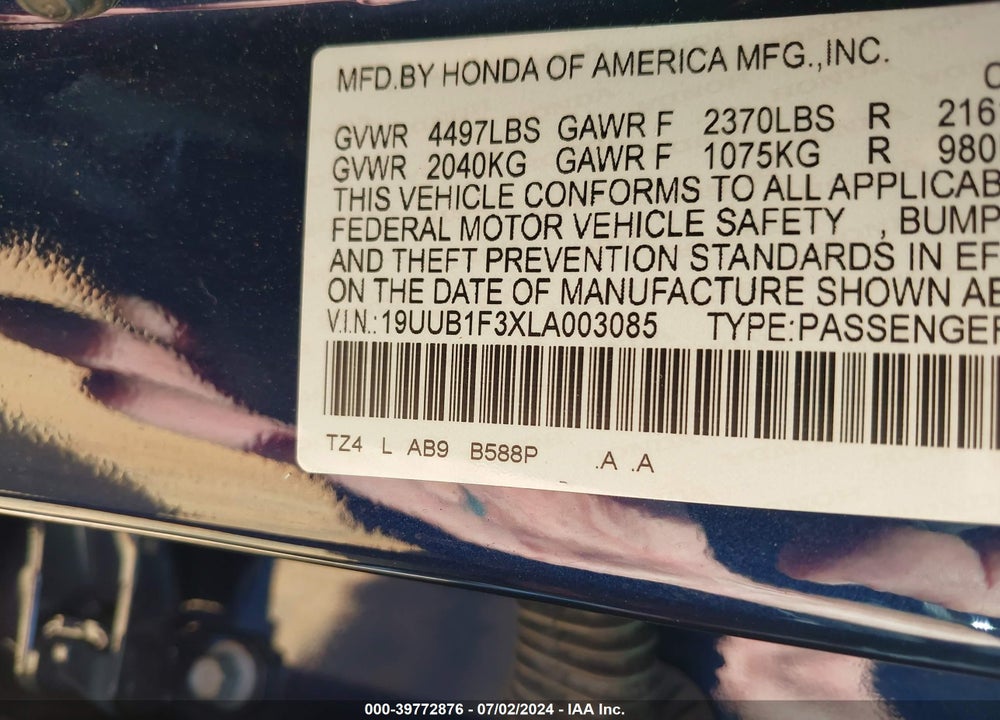 2020 ACURA TLX STANDARD VIN: 19UUB1F3XLA003085