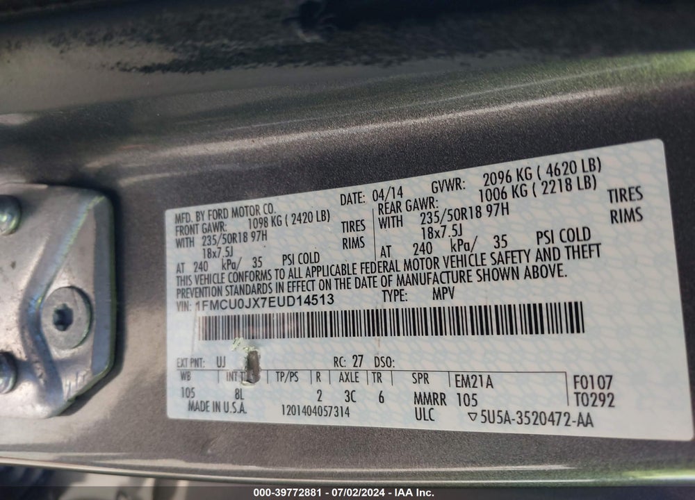 2014 FORD ESCAPE TITANIUM VIN: 1FMCU0JX7EUD14513