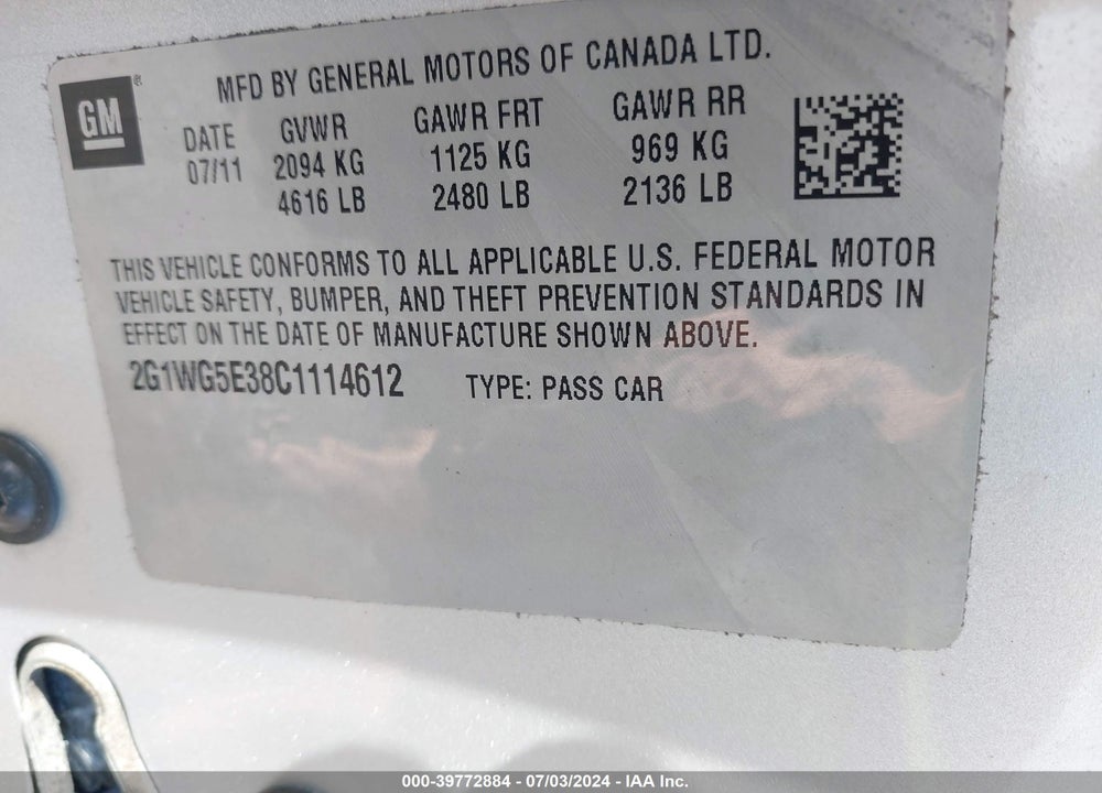 2012 CHEVROLET IMPALA LT VIN: 2G1WG5E38C1114612