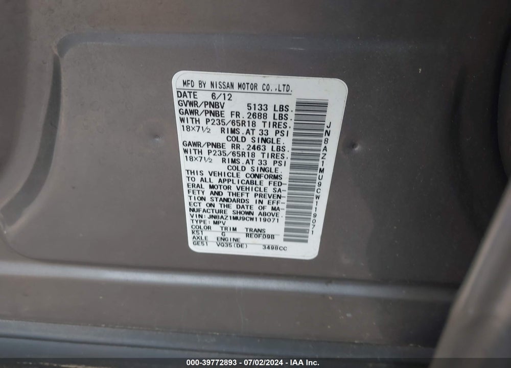 2012 NISSAN MURANO SL VIN: JN8AZ1MU9CW119071
