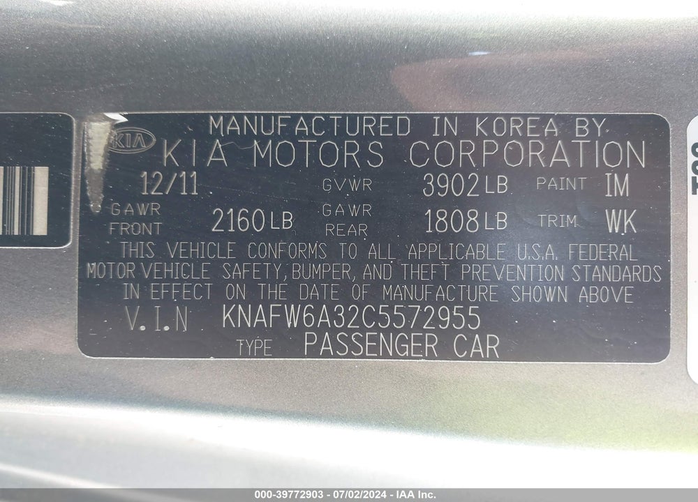 2012 KIA FORTE KOUP SX VIN: KNAFW6A32C5572955
