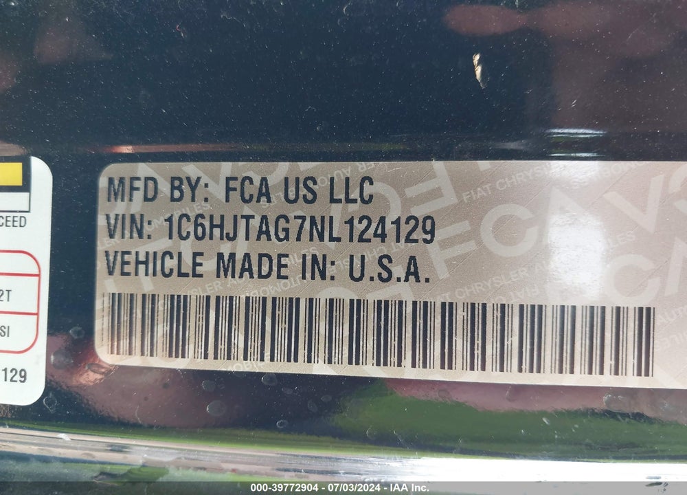 2022 JEEP GLADIATOR SPORT 4X4 VIN: 1C6HJTAG7NL124129