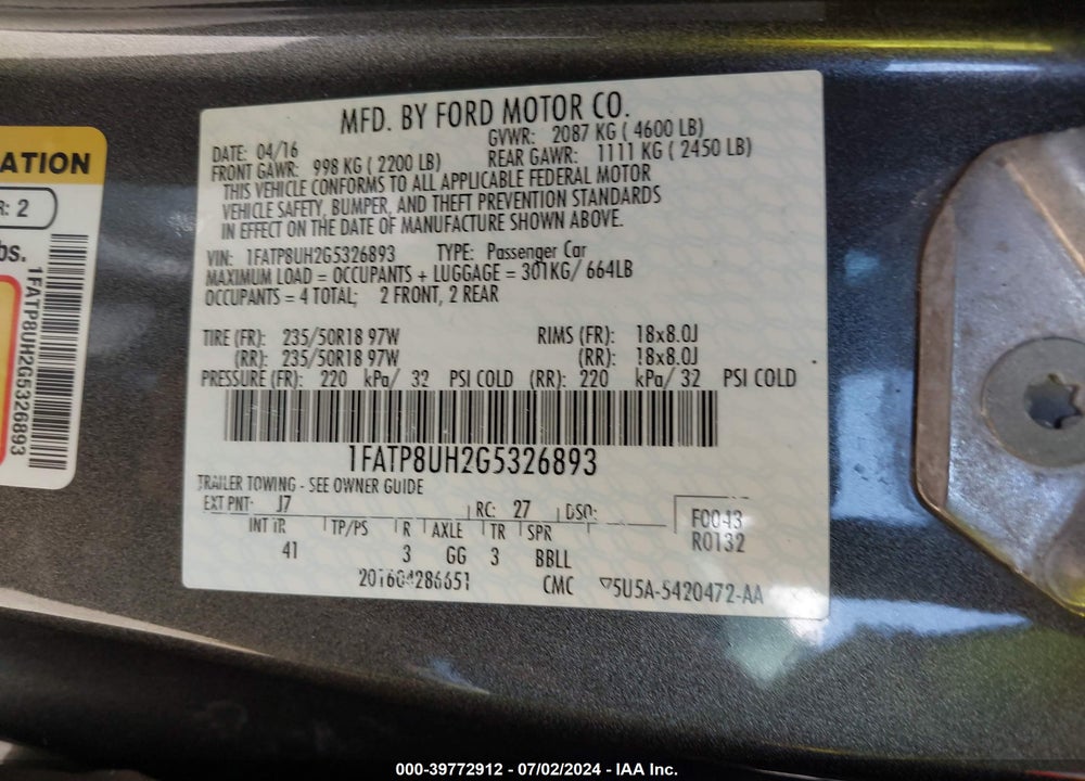 2016 FORD MUSTANG ECOBOOST PREMIUM VIN: 1FATP8UH2G5326893