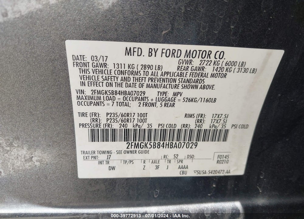 2017 FORD FLEX SE VIN: 2FMGK5B84HBA07029