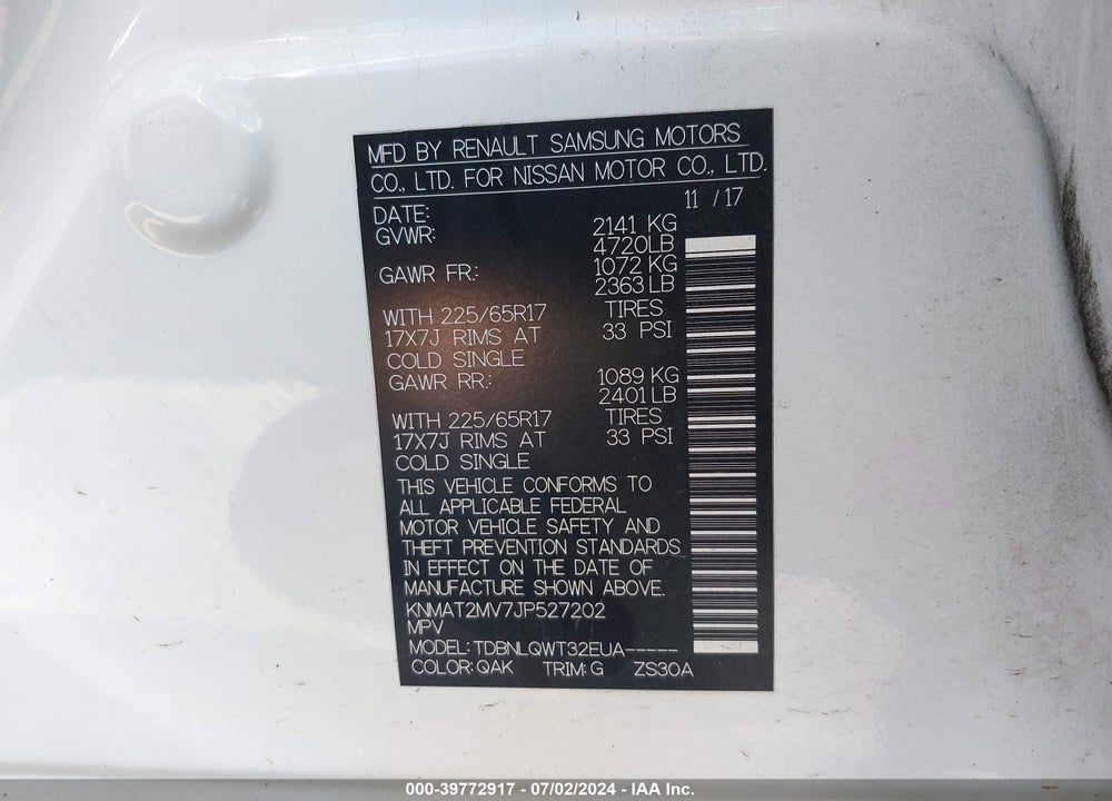 2018 NISSAN ROGUE SV VIN: KNMAT2MV7JP527202