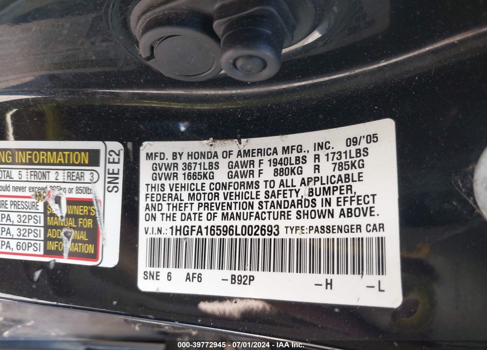 2006 HONDA CIVIC LX VIN: 1HGFA16596L002693