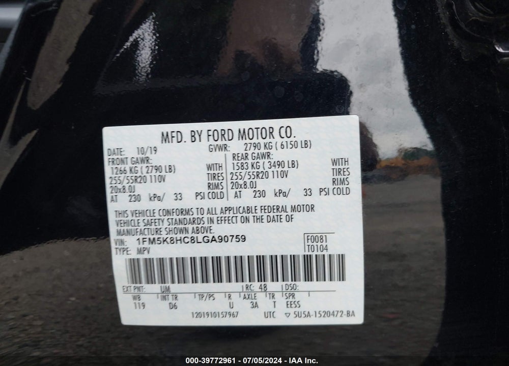 2020 FORD EXPLORER PLATINUM VIN: 1FM5K8HC8LGA90759