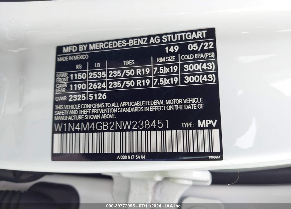 2022 MERCEDES-BENZ GLB 250 VIN: W1N4M4GB2NW238451