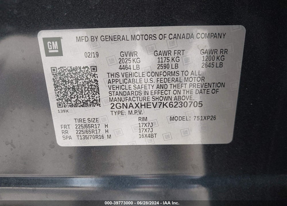 2019 CHEVROLET EQUINOX LS VIN: 2GNAXHEV7K6230705