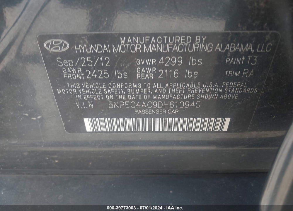 2013 HYUNDAI SONATA LIMITED VIN: 5NPEC4AC9DH610940
