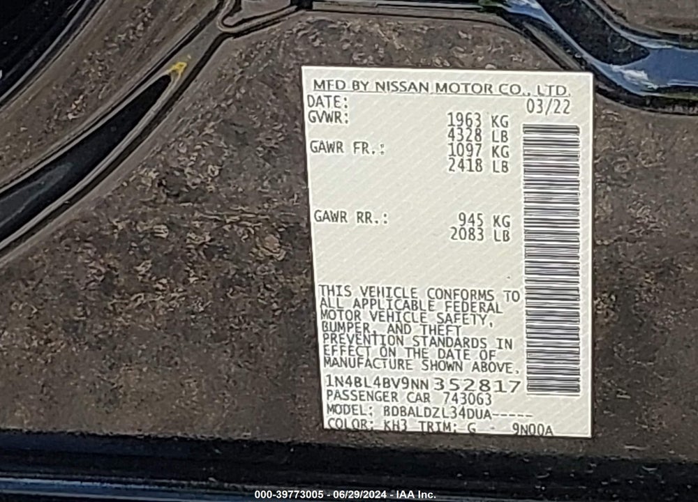2022 NISSAN ALTIMA S FWD VIN: 1N4BL4BV9NN352817