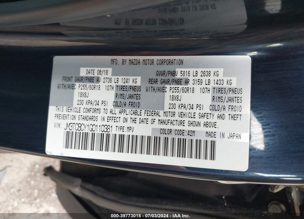2016 MAZDA CX-9 TOURING VIN: JM3TCBCY1G0110381