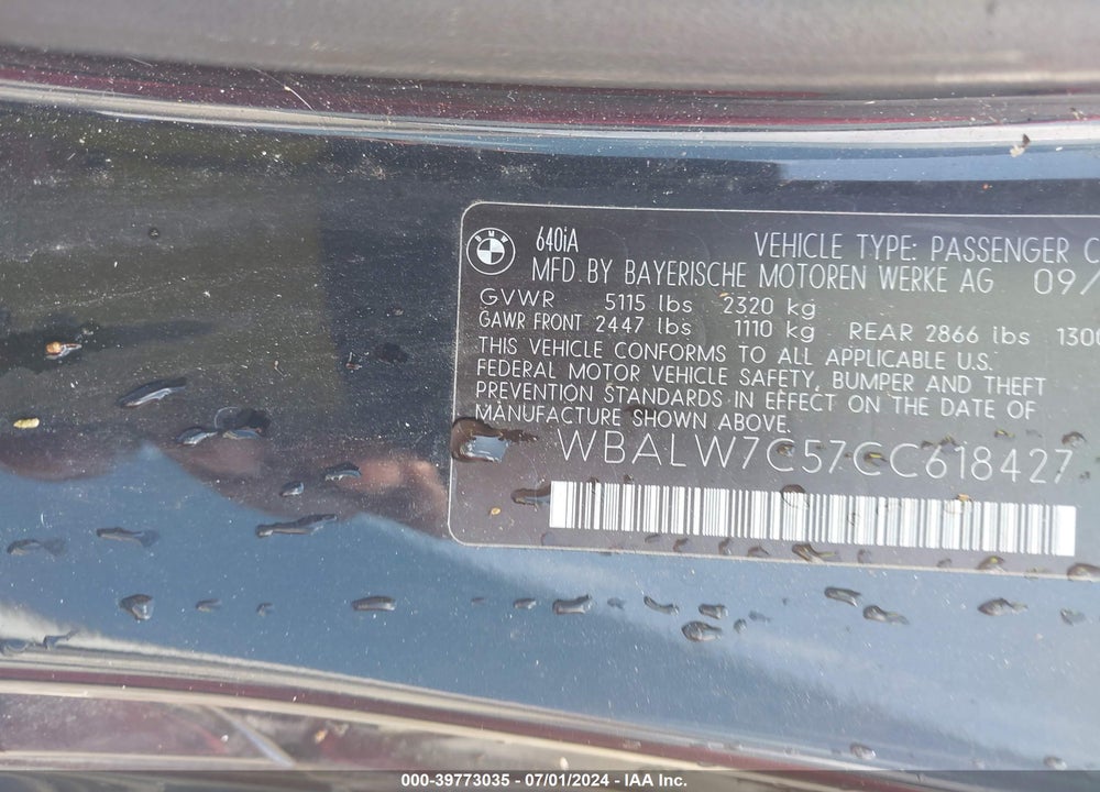2012 BMW 640I VIN: WBALW7C57CC618427