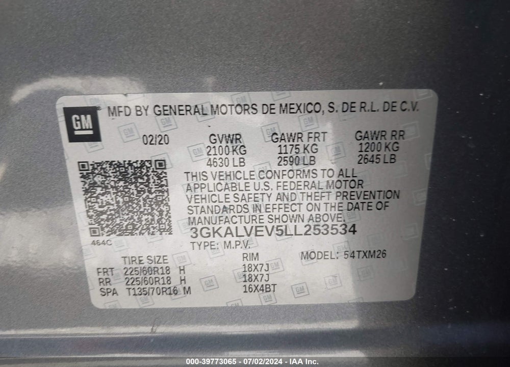 2020 GMC TERRAIN AWD SLT VIN: 3GKALVEV5LL253534