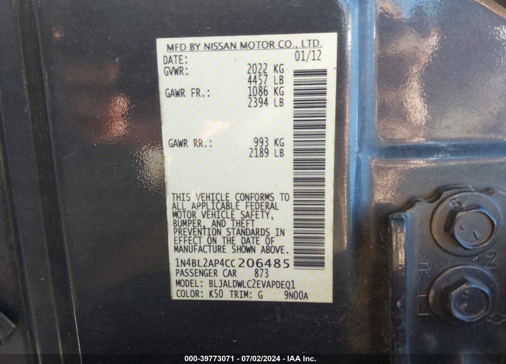 2012 NISSAN ALTIMA 3.5 SR VIN: 1N4BL2AP4CC206485