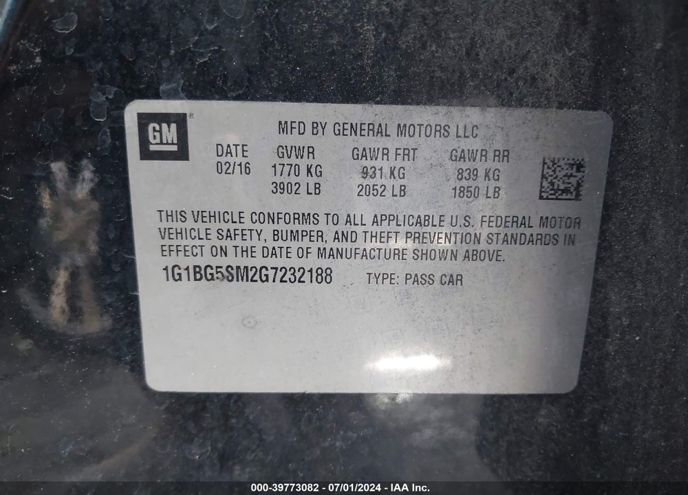 2016 CHEVROLET CRUZE PREMIER AUTO VIN: 1G1BG5SM2G7232188