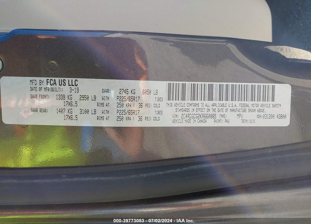 2019 DODGE GRAND CARAVAN SXT VIN: 2C4RDGCG2KR660885