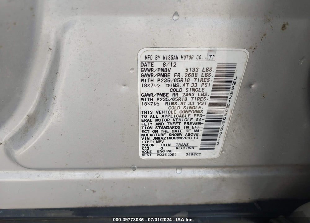 2013 NISSAN MURANO S VIN: JN8AZ1MU8DW200113