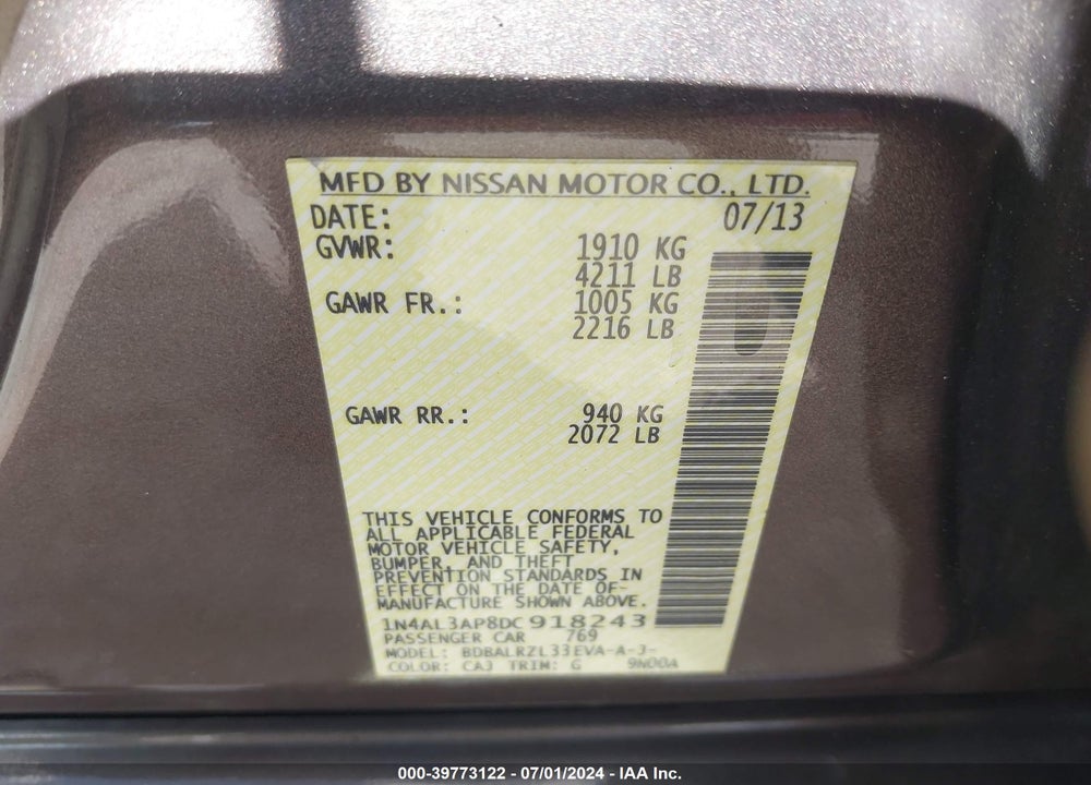 2013 NISSAN ALTIMA 2.5 S VIN: 1N4AL3AP8DC918243