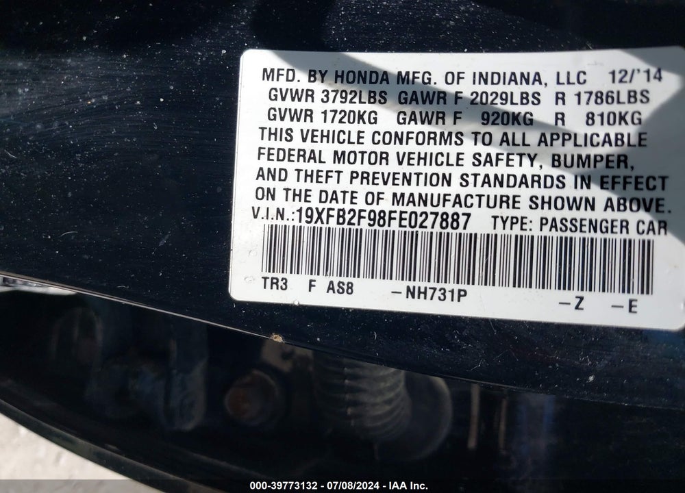 2015 HONDA CIVIC EX-L VIN: 19XFB2F98FE027887