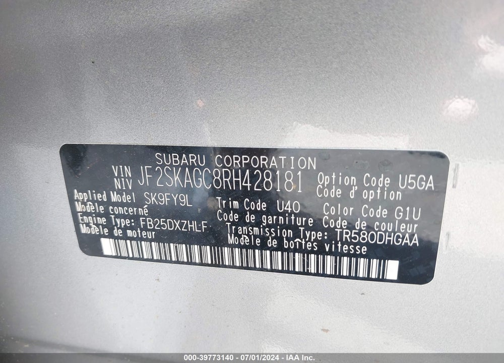 2024 SUBARU FORESTER SPORT VIN: JF2SKAGC8RH428181