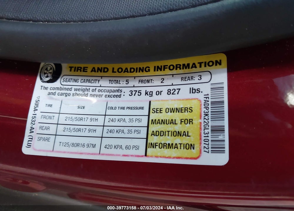 2016 FORD FOCUS SE VIN: 1FADP3K22GL310727