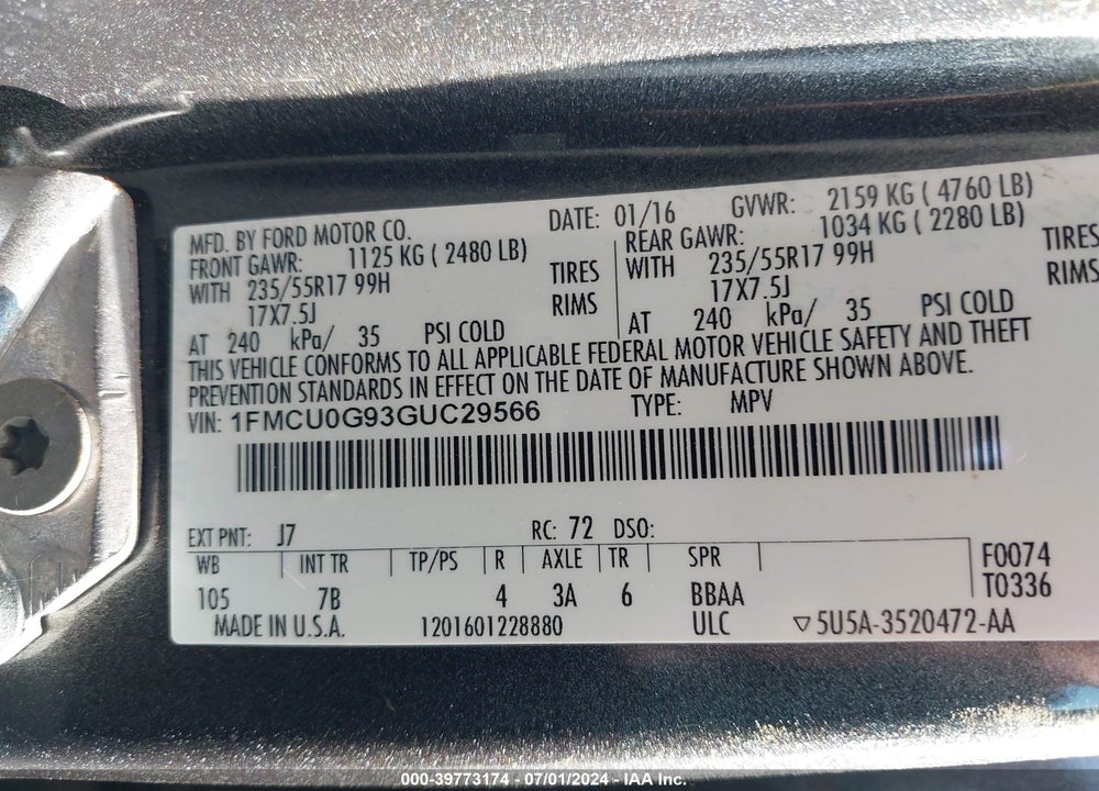 2016 FORD ESCAPE SE VIN: 1FMCU0G93GUC29566