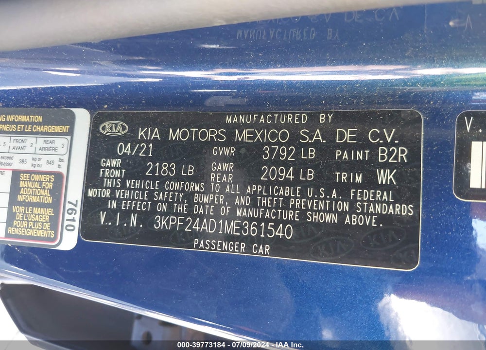 2021 KIA FORTE LXS VIN: 3KPF24AD1ME361540