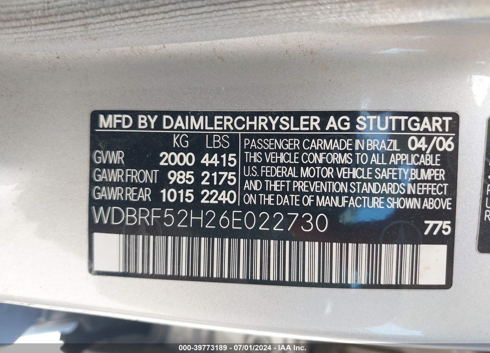 2006 MERCEDES-BENZ C 230 SPORT VIN: WDBRF52H26E022730
