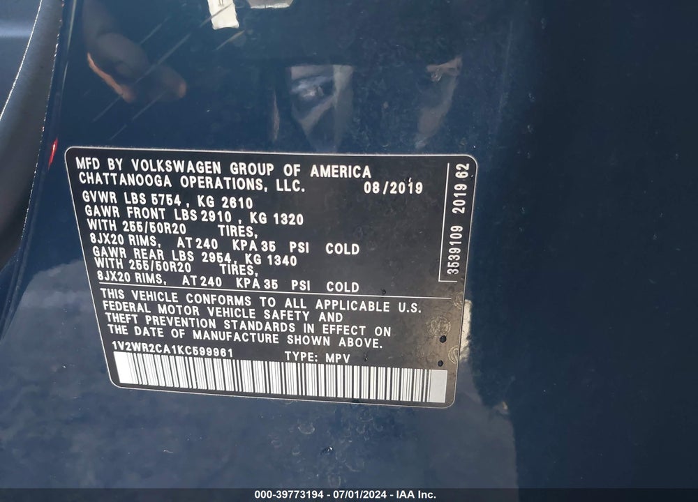 2019 VOLKSWAGEN ATLAS 3.6L V6 SE W/TECHNOLOGY VIN: 1V2WR2CA1KC599961
