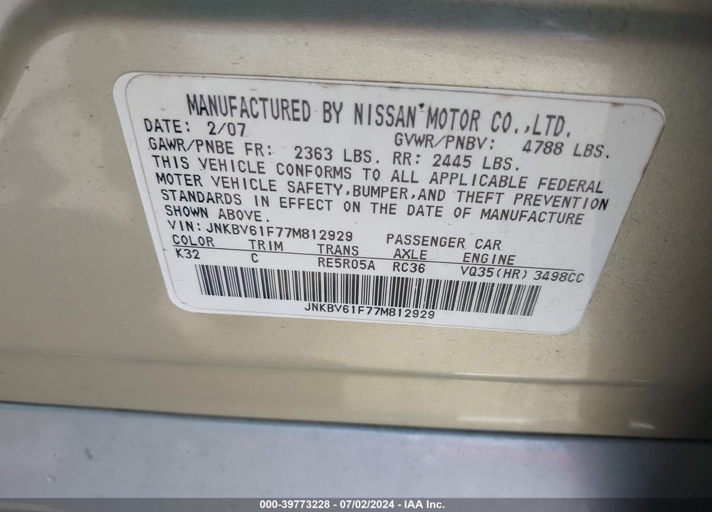 2007 INFINITI G35X VIN: JNKBV61F77M812929