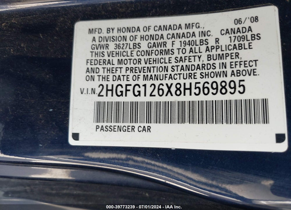 2008 HONDA CIVIC LX VIN: 2HGFG126X8H569895