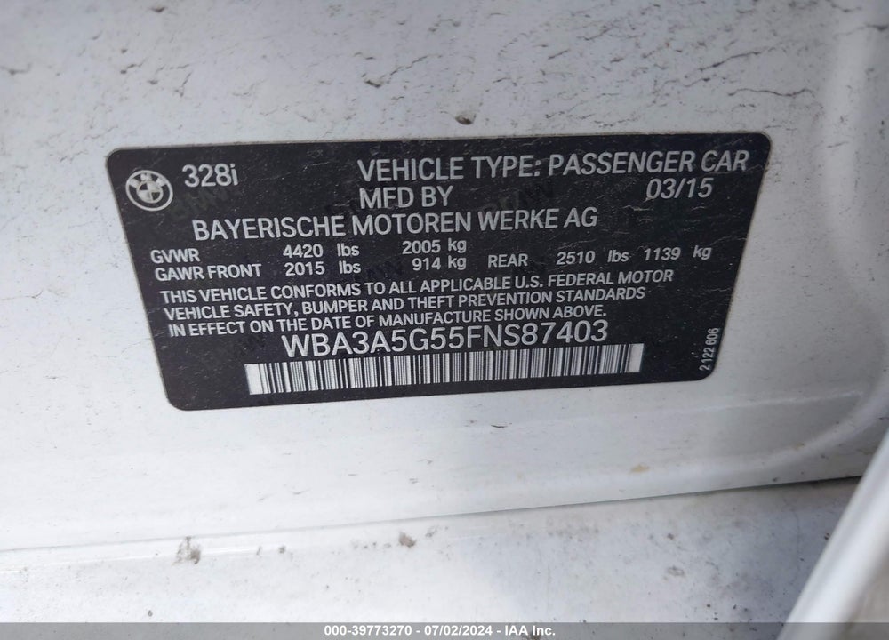 2015 BMW 328I VIN: WBA3A5G55FNS87403