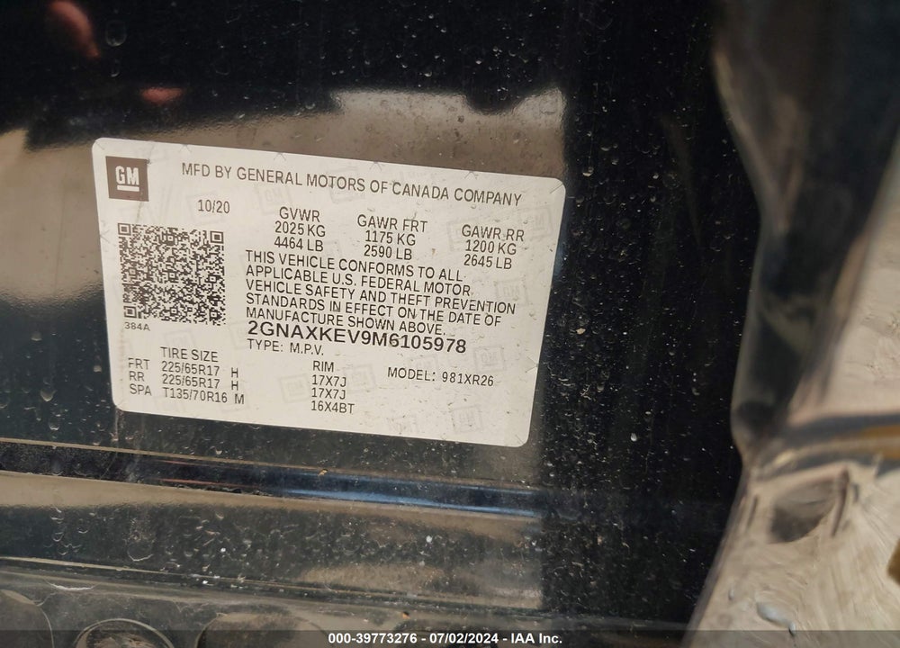 2021 CHEVROLET EQUINOX FWD LT VIN: 2GNAXKEV9M6105978