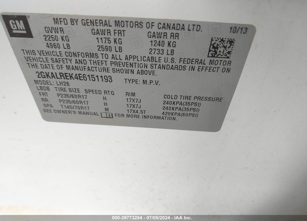 2014 GMC TERRAIN SLE-2 VIN: 2GKALREK4E6151193