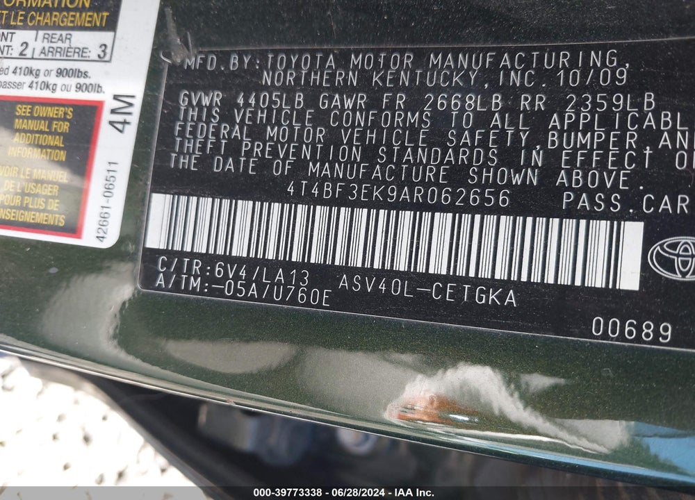 2010 TOYOTA CAMRY XLE VIN: 4T4BF3EK9AR062656