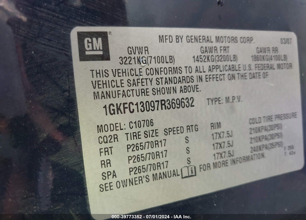 2007 GMC YUKON SLE VIN: 1GKFC13097R369632