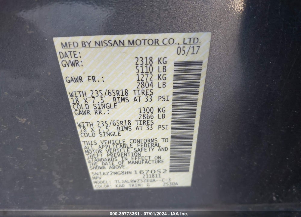 2017 NISSAN MURANO SL VIN: 5N1AZ2MG8HN167052