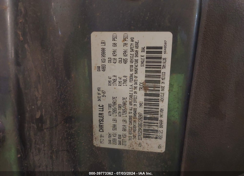 2008 DODGE RAM 2500 LARAMIE VIN: 3D7KS29A38G128207