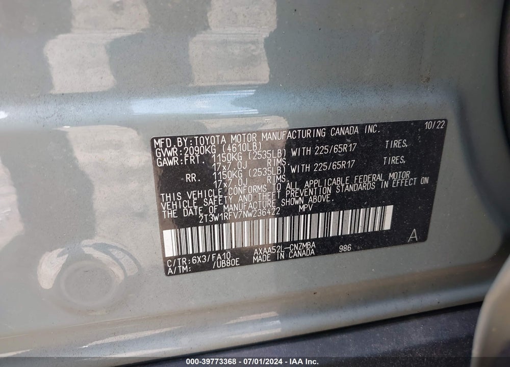2022 TOYOTA RAV4 XLE VIN: 2T3W1RFV7NW236422