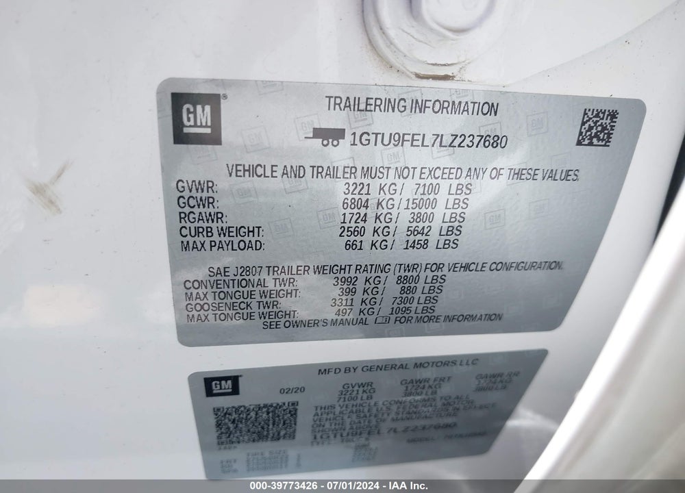 2020 SIERRA GMC  1500 4WD  SHORT BOX DENALI VIN: 1GTU9FEL7LZ237680