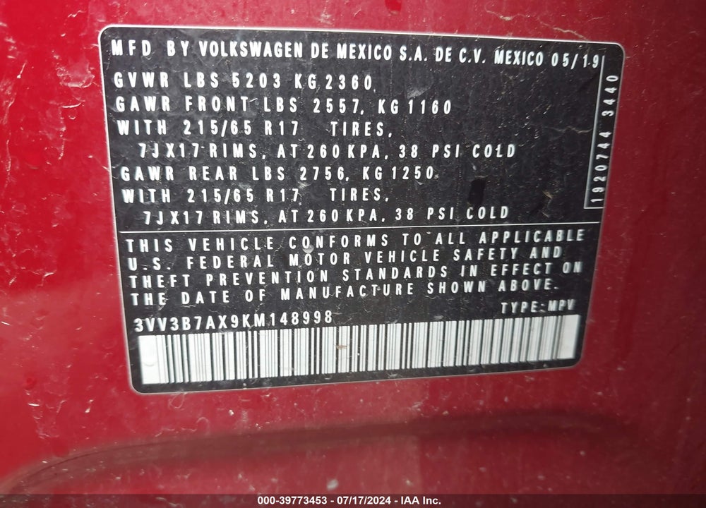2019 VOLKSWAGEN TIGUAN 2.0T SE/2.0T SEL/2.0T SEL R-LINE/2.0T SEL R-LINE BLACK VIN: 3VV3B7AX9KM148998