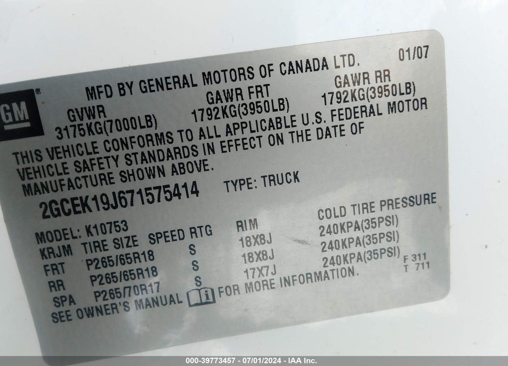 2007 CHEVROLET SILVERADO 1500 LTZ VIN: 2GCEK19J671575414