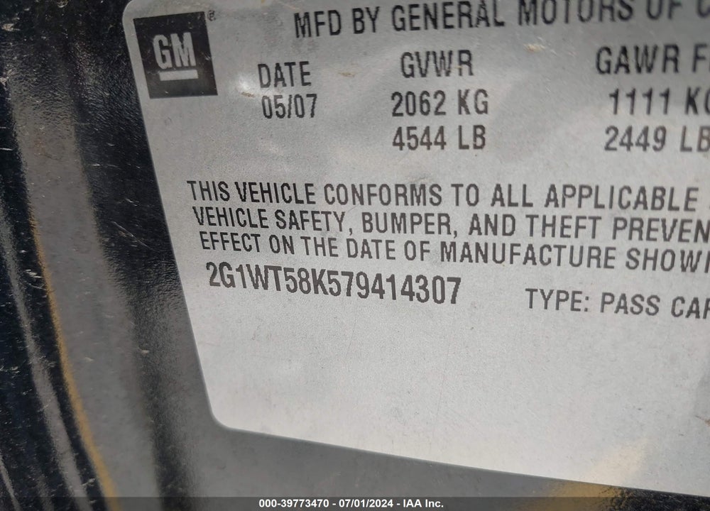 2007 CHEVROLET IMPALA LT VIN: 2G1WT58K579414307
