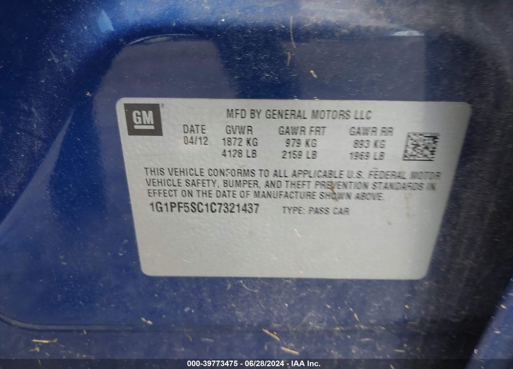2012 CHEVROLET CRUZE 1LT VIN: 1G1PF5SC1C7321437