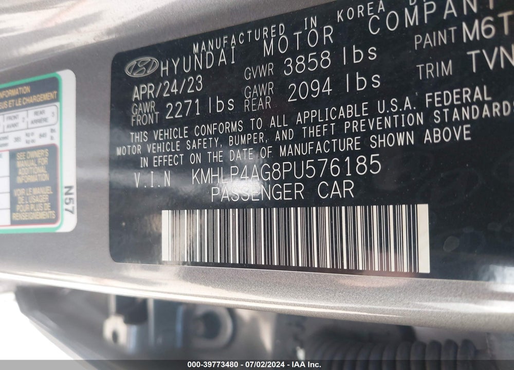 2023 HYUNDAI ELANTRA LIMITED VIN: KMHLP4AG8PU576185