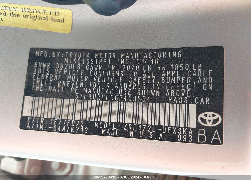 2016 TOYOTA COROLLA S PLUS VIN: 5YFBURHE0GP459594