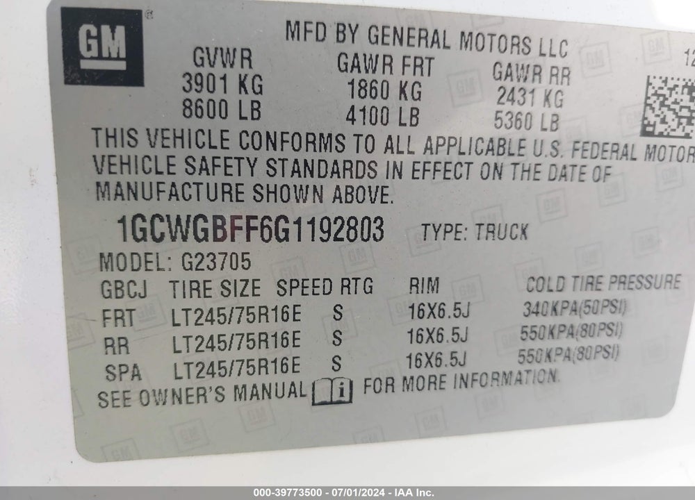 2016 CHEVROLET EXPRESS 2500 WORK VAN VIN: 1GCWGBFF6G1192803