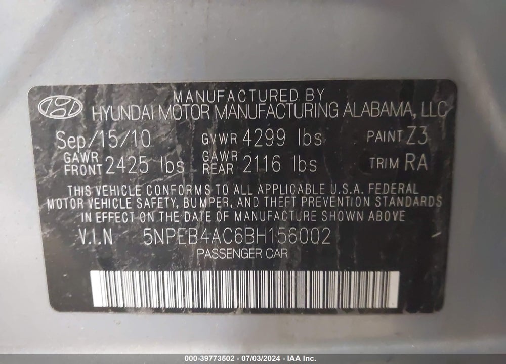 2011 HYUNDAI SONATA VIN: 5NPEB4AC6BH156002